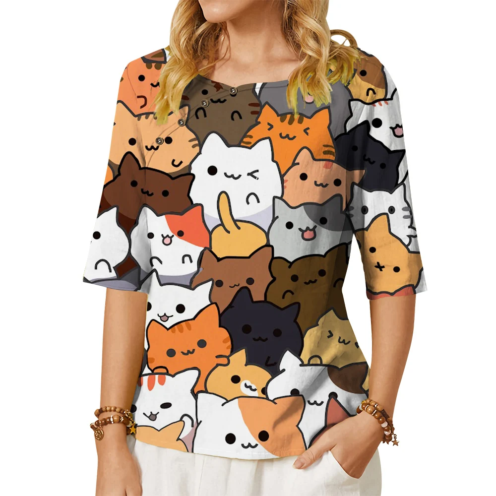 

CLOOCL Women T-shirt Cute Cartoon Group Cats Pattern 3D Printed Button Decorate Crew Neck Middle Sleeve Tee Casual Kawaii Tops