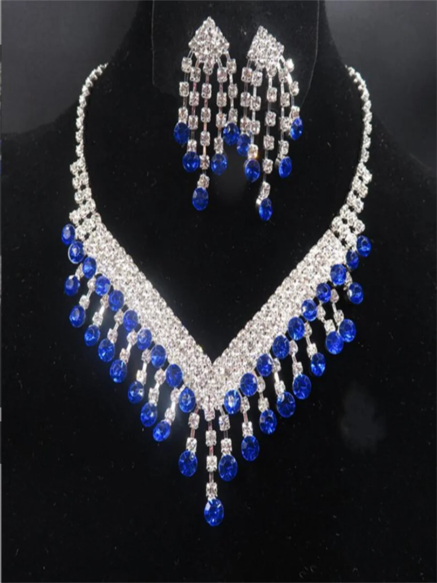 Silverplate Blue Imitation Jewel Necklace Earrings Set Highgrade