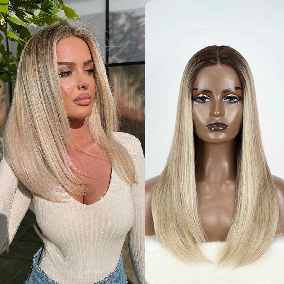 

Synthetic Lace Front Wigs Straight Baby Hair Bob Wigs Synthetic Hair Wig 22 Inch Ombre Blonde Wig Cosplay Wig For Women