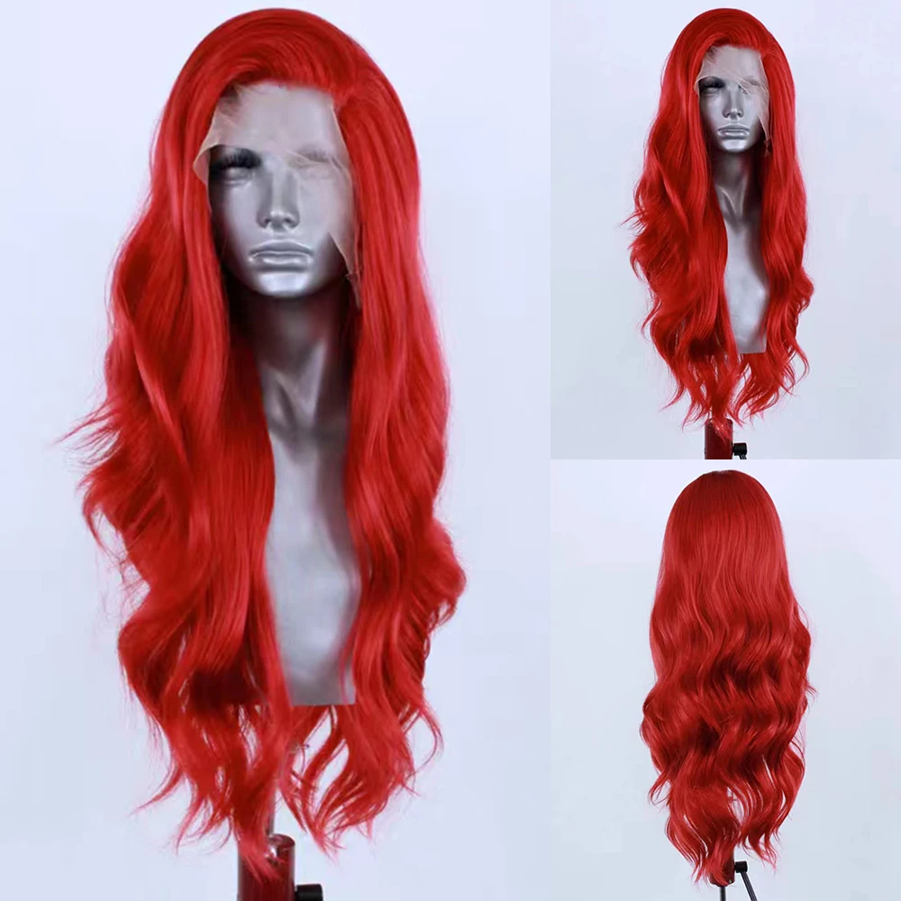 Colorful Lace Front Wig Long Natural Wave Synthetic Wig 13x4 Frontal Lace Daily Use Cosplay Wigs Red/ Green /Pink /Blue