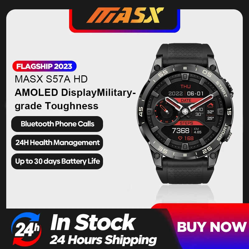 MASX-impermeável esportes relógio inteligente, display de alta definição, chamada Bluetooth, Toughnes de grau militar, 1,43 