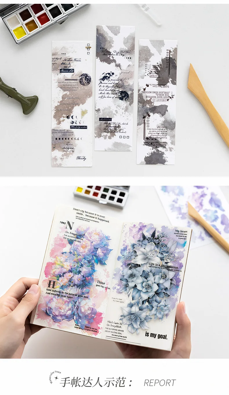 3 teile/paket Aquarell Spuren Aufkleber Kit transparent PVC Scrap booking Materialien DIY Junk Journal Ästhetik Aufkleber stationär – Detail 12
