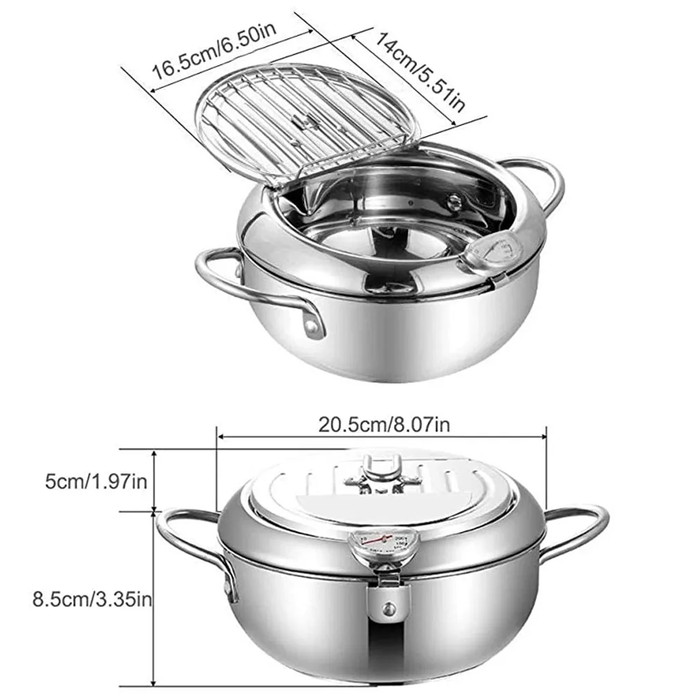 Japanese Deep Fryer With Thermometer and Lid 304 Stainless Steel Kitchen Tempura Fryer Pan Fryer Without Oil Frying Pan Fryer 6