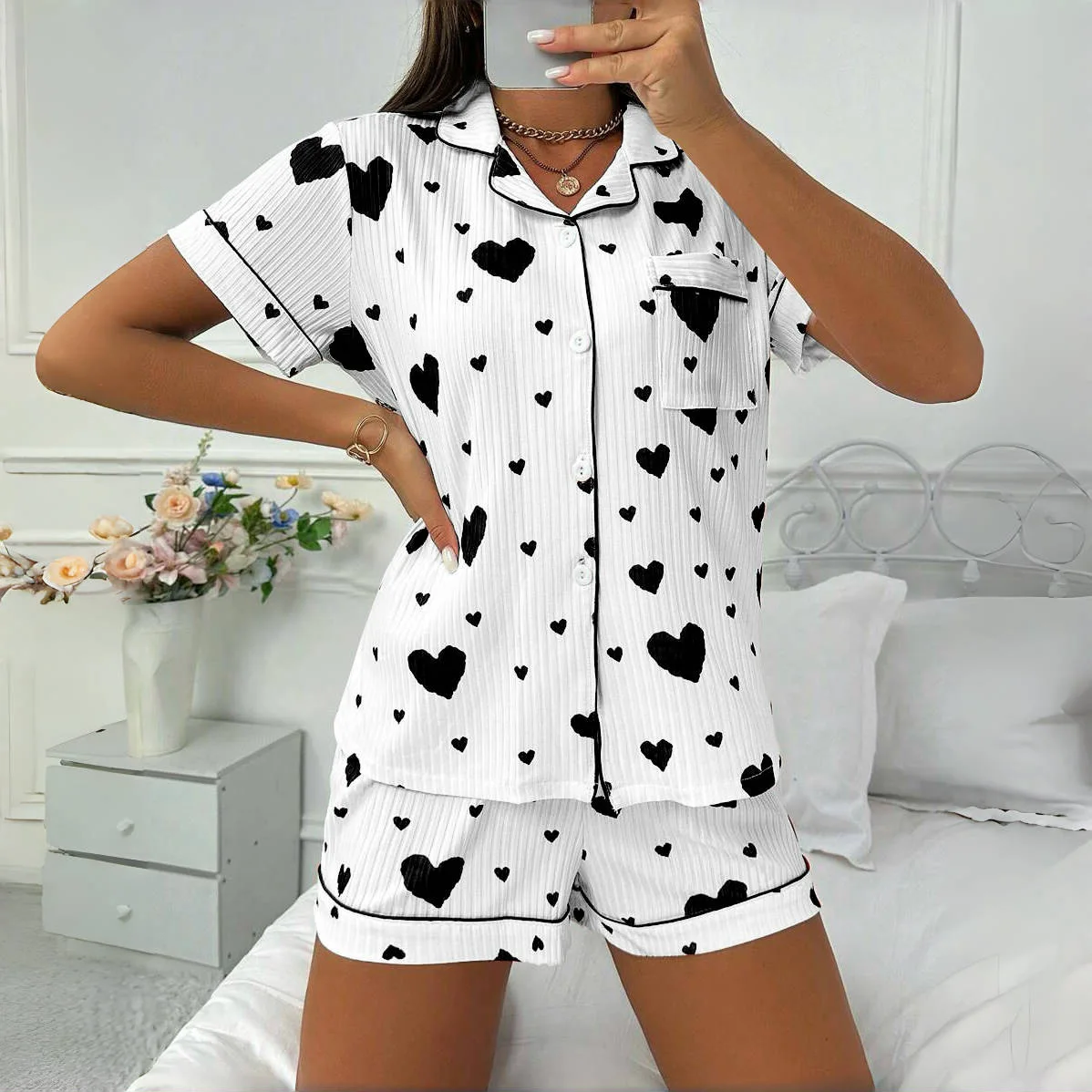 Coração impresso conjunto de pijama casual manga curta botão lapela topo e shorts elásticos pijama feminino respirável macio 3