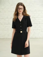 DUSHU Plus-Size Women’s Hepburn-Inspired Mid-Length Smart Urban Suit Dress – 2025 Summer New Collection Black Dress 25DS82163