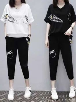 Loose Fit Summer Sportswear Set for plus Size Women Korean Style Short Sleeve Seven Inch Pants V Neck Two Piece Suit