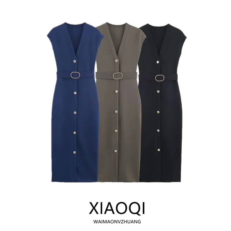 Elastic Midi Dress Women's Fashion New Arrival Autumn 2025 Belted Versatile Dress High Elasticity Sleeveless V-neck Single Bu...