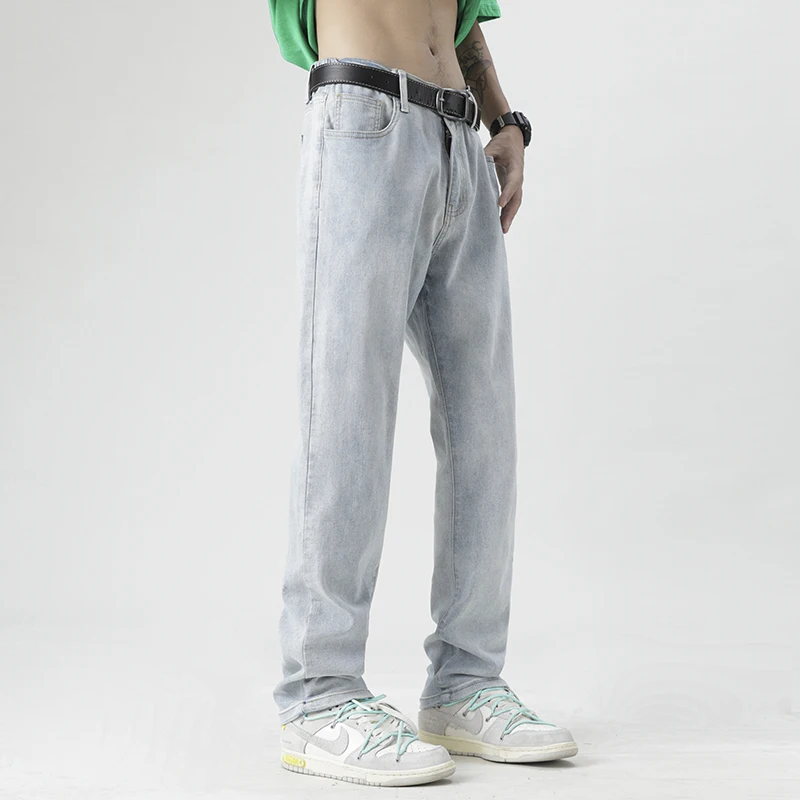Men's Spring Autumn High Waist Button Zipper Pockets Gradient Solid Distressed Casual Loose Work Jeans Trousers Fashion Pants