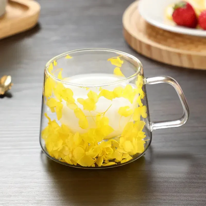 200ml Double Wall Clear Coffee Mug with Handles Glass Milk Cups Simulation Flower Teacup Elegant Gift Drinkware