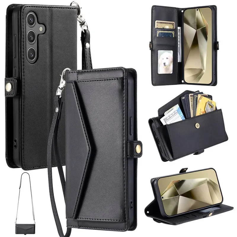 Lanyard Flip Leather Wallet Card Case Cover