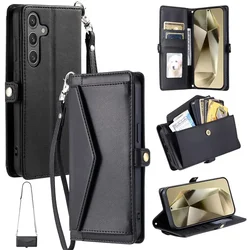 Lanyard Flip Leather Wallet Card Case Cover - SM A70 (A70S) (Black)