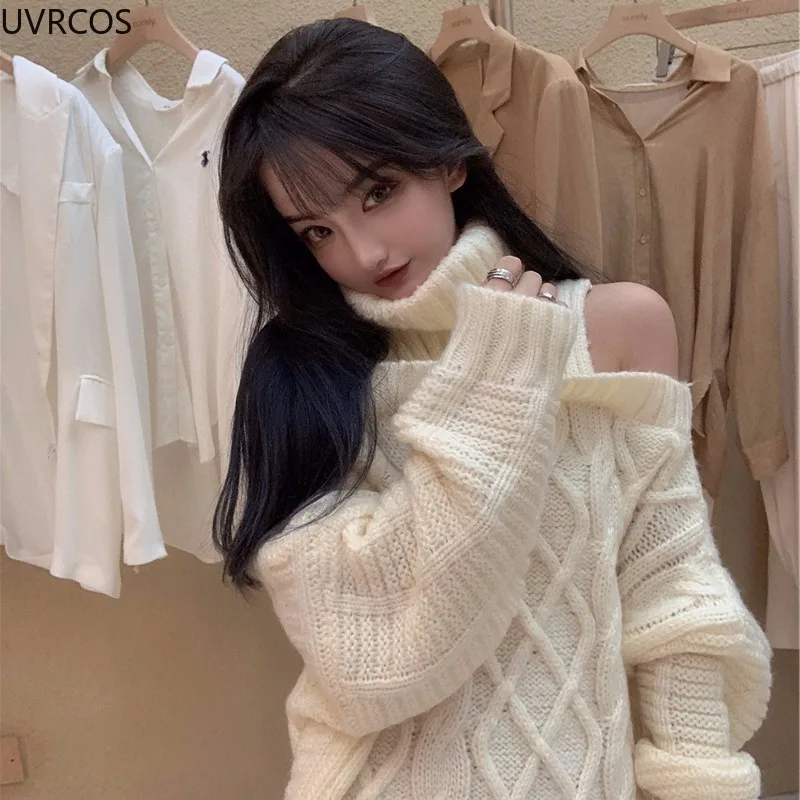 

Japanese Sexy Off Shoulder Lolita Sweater Women Turtleneck Knitwears Long Pullovers Top Autumn Winter Kawaii Oversize Outerwear