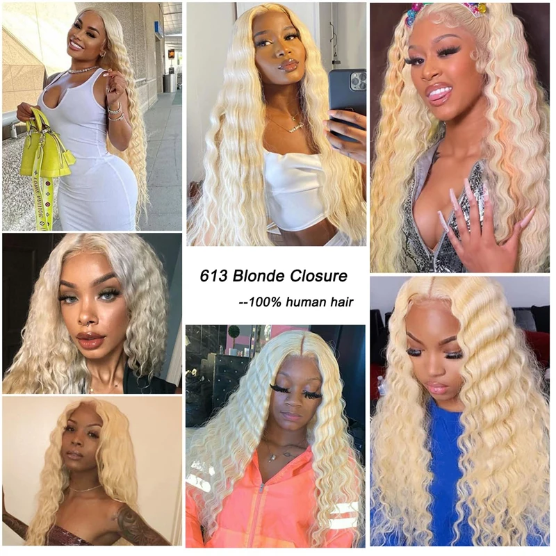 613 Deep Wave Human Hair Lace Closure Pre-Plucked Brazilian Virgin Hair 4x4 Closure Honey Blonde Color Full End 150% Density