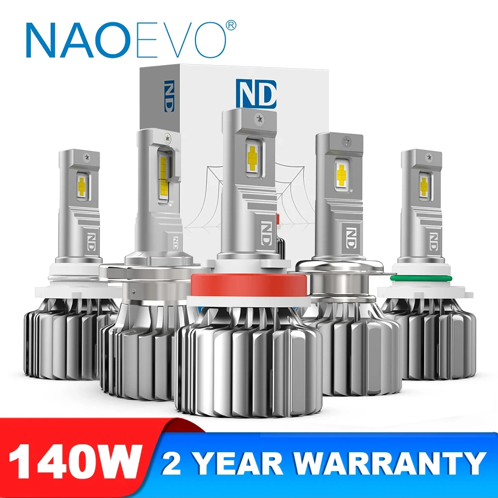 NAOEVO H7 LED 전구 캔버스, 140W, 16800LM, H4 Hi/Lo 빔, 6500K 자동차 LED 헤드라이트, HB4, 9006, H11, H3, 9012 안개등 전구, 12V 자동차 부품