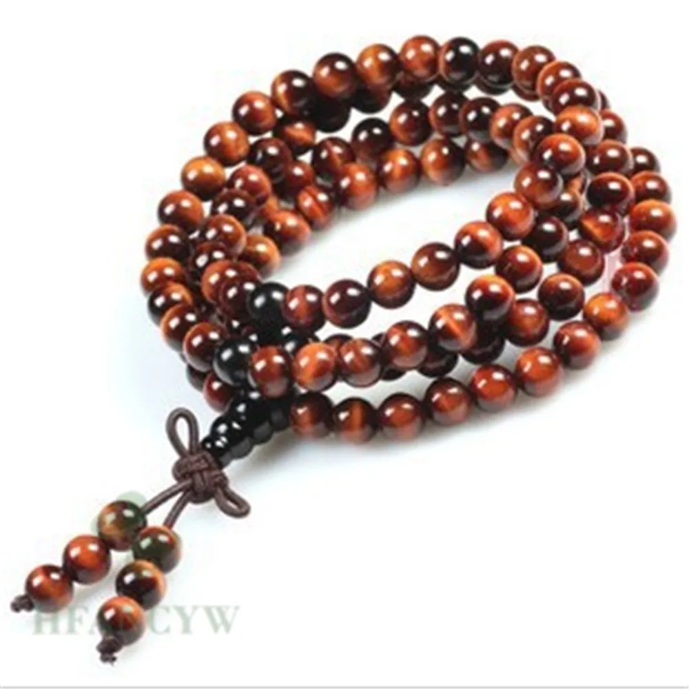 6mm Red Tiger's eye 108 Bead Tassel Bracelet Japa Wear StackableMeditation Gift Men's Cuff Mala