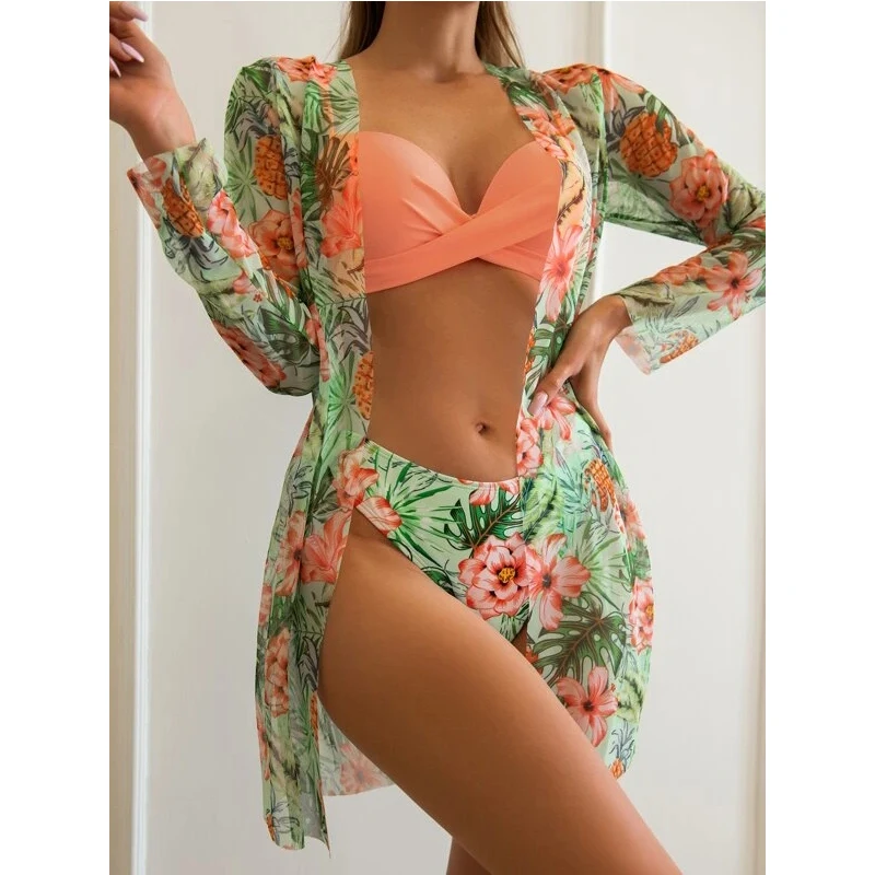 ZAFUAZ 2024 New 3 Piece Push Up Bikinis Set Women Sling Printed Swimwear Bikini Swimsuit Sexy Summer Beach Skirt Bath Suit Dress