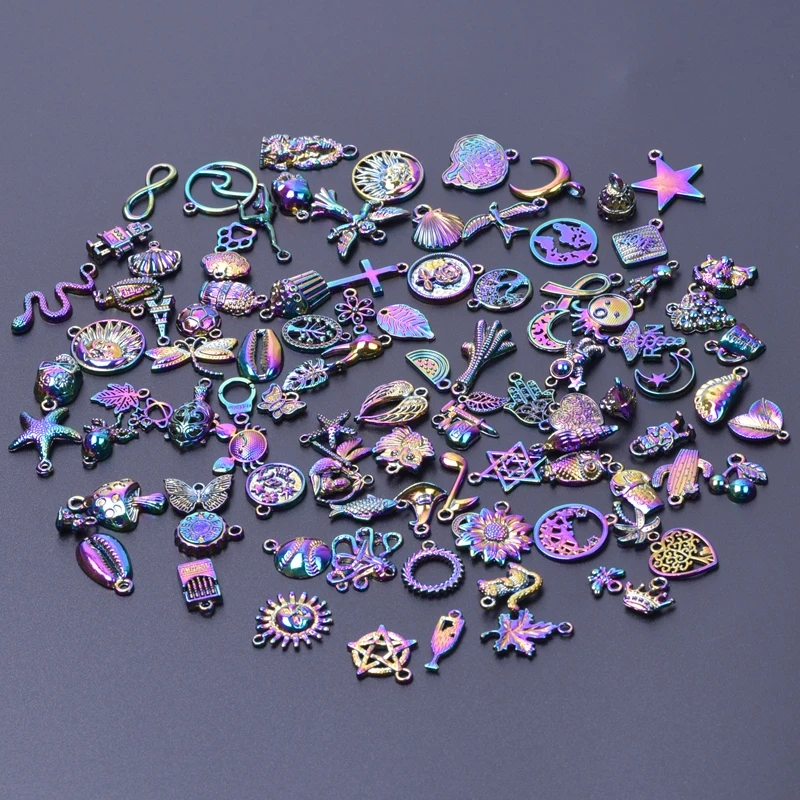 100Pcs Rainbow Color Punk Charms Cross Star Moon Sun Alloy Pendant Charms For Jewelry Making DIY Necklace Bracelets Materials