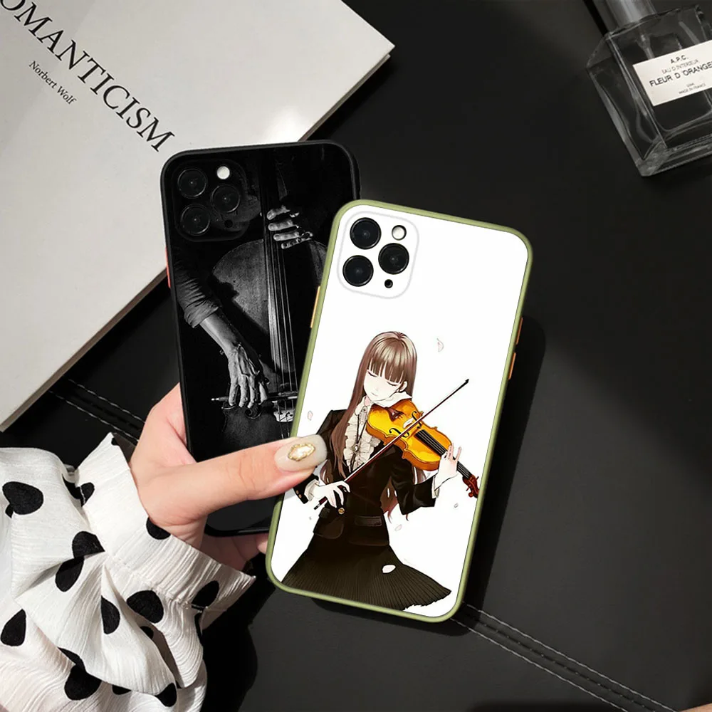 Per Iphone 15 8 7 14 Plus 13 12 11 Mini Pro Se Xs Max X Xr 6S Luxury Violin Girl Cellist Custodia Per Telefono Nera Traslucida Smerigliata