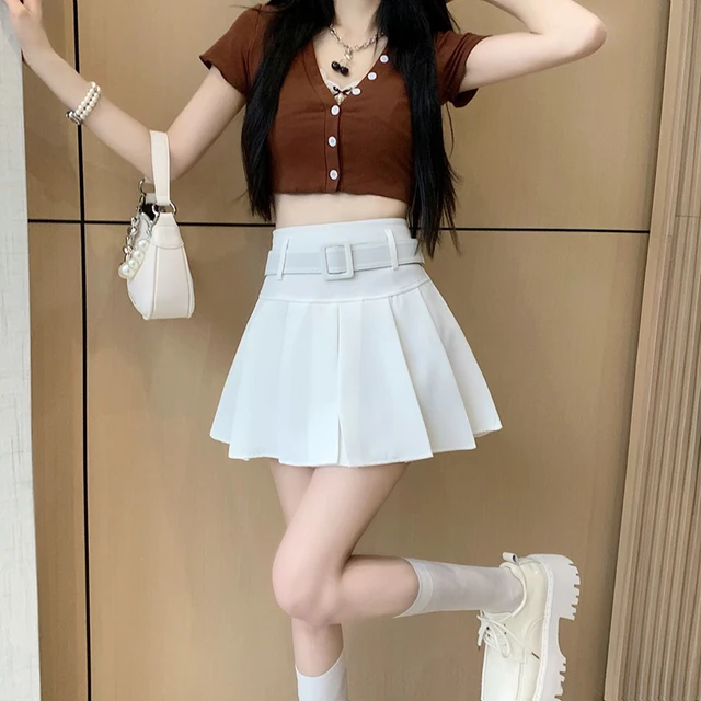 【in a row】High Teen Belt Pleated Skirt Pants Zoki Japan Sweet Belt White Pleated Skirt Women Sexy High