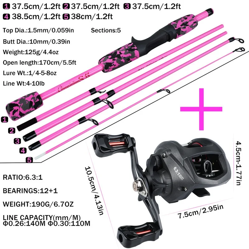 Sougayilang 2.1m Pink Casting Fishing Rod and Reel Combo High Speed  Ultralight Baitcasting Reel Carbon