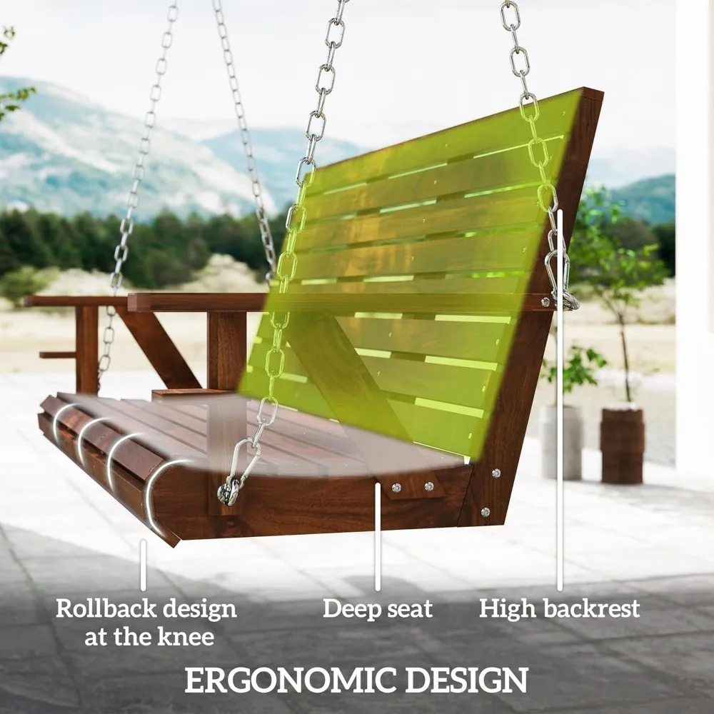 Upgraded Wooden Porch Swing 3-Seater, 5 FT Outdoor Patio Swing Bench with Cupholders, Hanging Chains, Swing Chair Bench 6