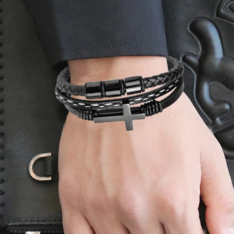 Custom Engraved Family Name Beads Cross Bracelets Black Braided Leather Stainless Steel Bracelets for Men Fathers bracelet jewelry