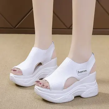 여성용 웨지 힐 탄성 천 커버 발 샌들, 두꺼운 밑창 패션, 삼중 높이 캐주얼 신발, 2023 여름
