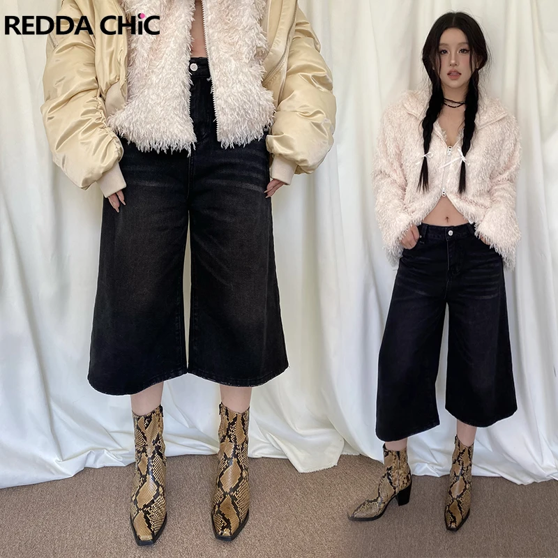 

ReddaChic 90s Retro Black Cropped Jeans Women Jorts Y2k Casual Wide Leg Short Pants Low Waist Trousers Grayu Harajuku Streetwear