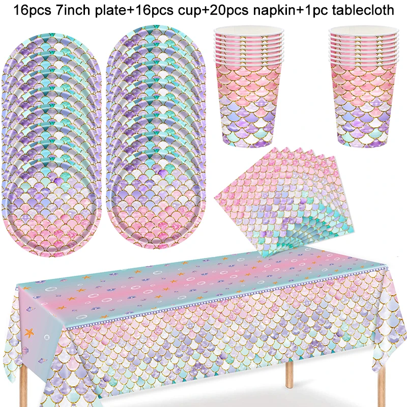 Mermaid Disposable Tableware Set Paper Plate Cup Napkin Tablecloth Kids Girls Little Mermaid Birthday Party Decoration Supplies