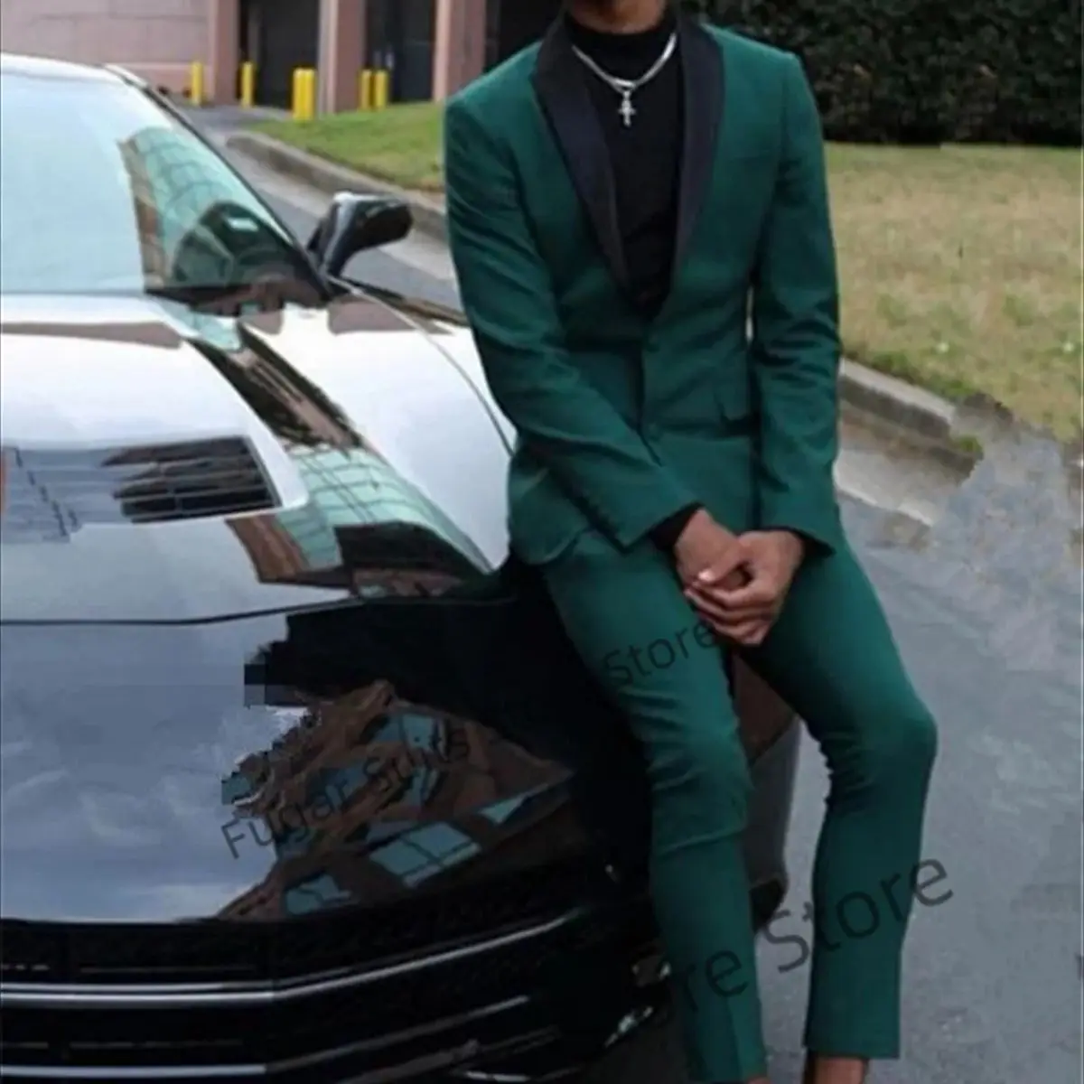 Casual Green Wedding Suits For Men Slim Fit Black Peak Lapel Groom Tuxedos Prom 2 Pieces Sets Formal Male Blazer Costume Homme