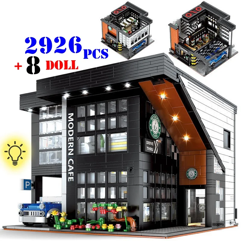 

Modern Coffee Shop Model City Architecture Street View Building Blocks Cafe Construction Set Moc Bricks DIY Assembled Toys Gifts