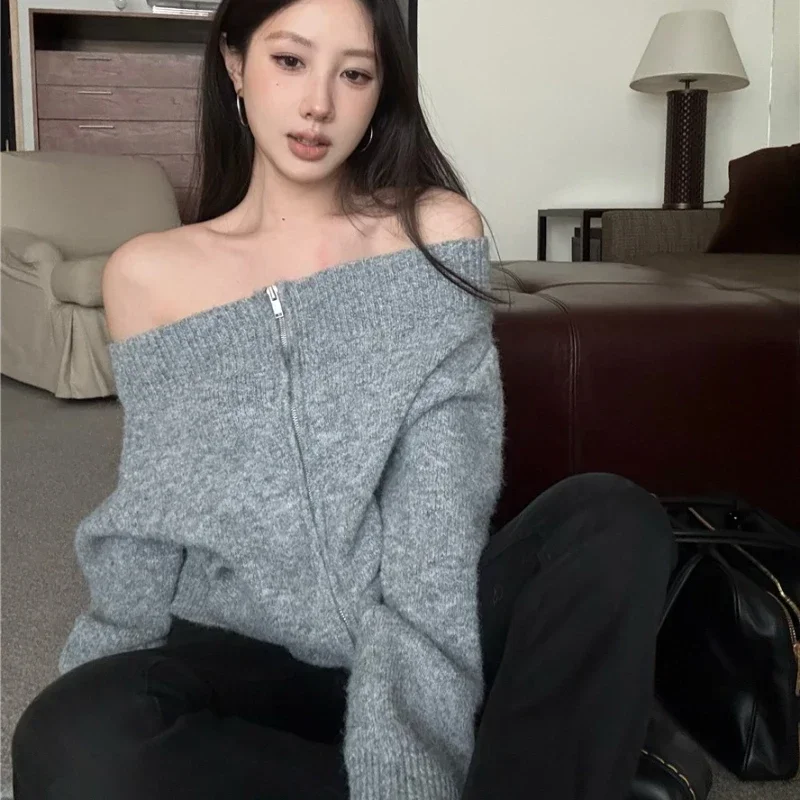 Y2k New Autumn Women's One-word Shoulder Long-sleeved Sweater Sexy Zipper Cardigan Solid Color Slim-fit Knitwear Top
