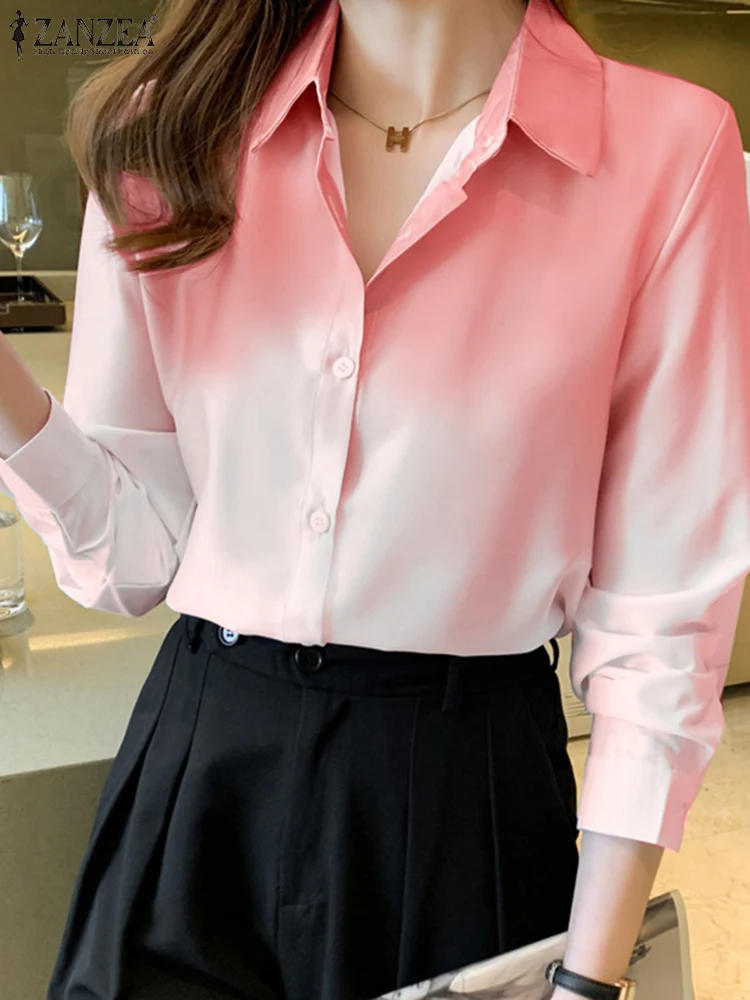 

ZANZEA Autumn Lapel Neck Buttons Down Blouse Stylish Women Gradient Color Long Sleeve Shirt Female Casual Work Blusas Chemise