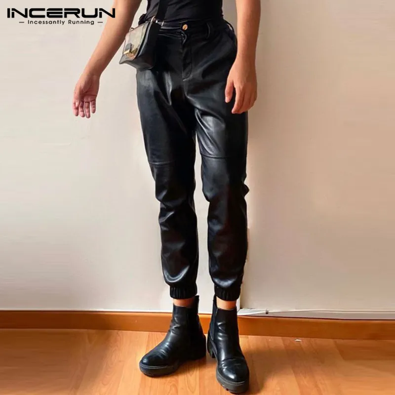 

INCERUN Men Pants Solid Joggers Button PU Leather Streetwear Trousers Men 2023 Autumn Pockets Fashion Casual Pantalon S-5XL