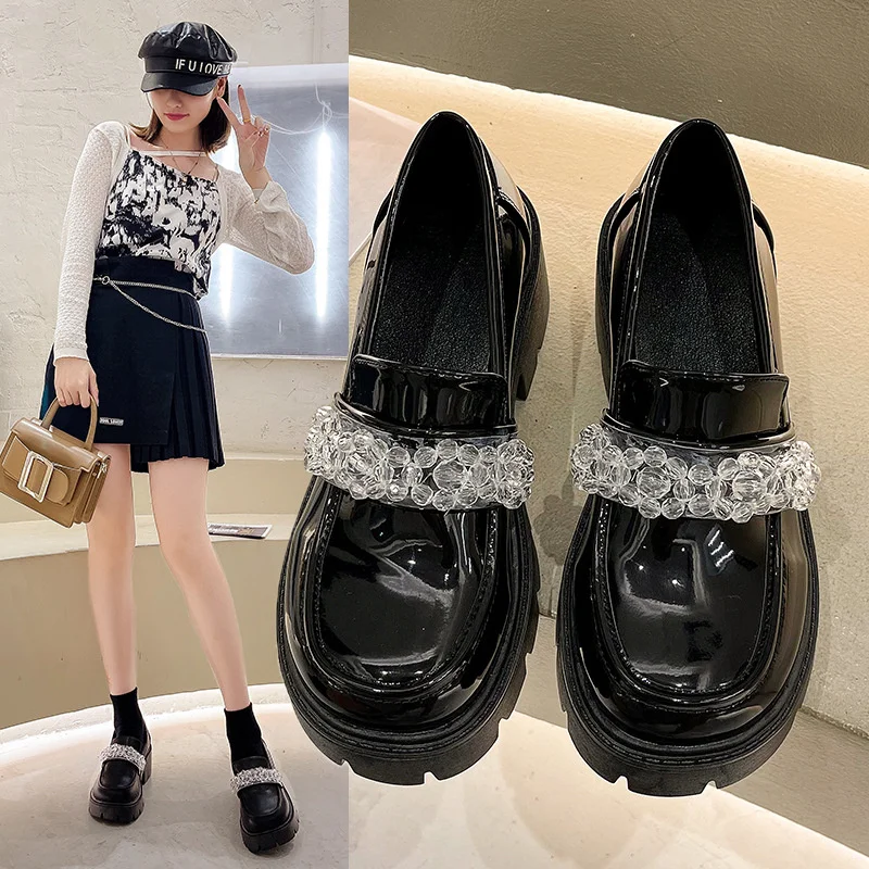 

2022 Spring New Women's Korean Shoes Thick Soled Fashion Round Head Viscose Black Heels Adult Matte And Patent Leather CRYSTAL