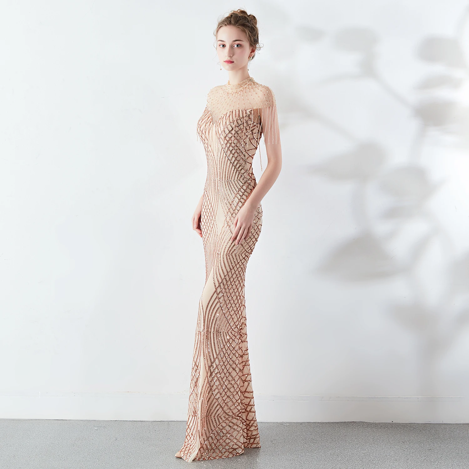 Women Crewneck Beaded Cap Sleeve Slim Fit Solid Mermaid Maxi Dress Formal Party Dress Evening Gown