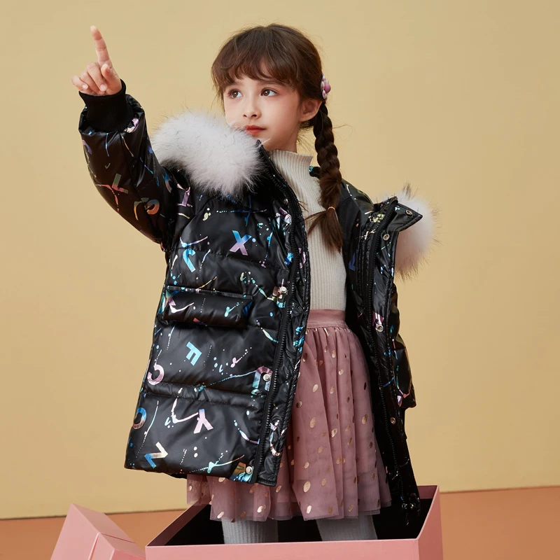 HSSCZL girls duck down jacket long small girl 2022 new winter thicken outerwear overcoat hooded fur collar children&s clothes