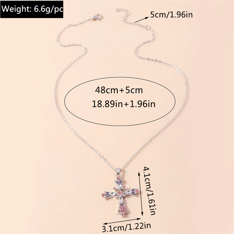 Gothic Pink Cross Halskette lila Zirkon Punk Anhänger Halskette Grunge Herz Kreuz Halskette für Frauen Schmuck Accessoires – Detail 7