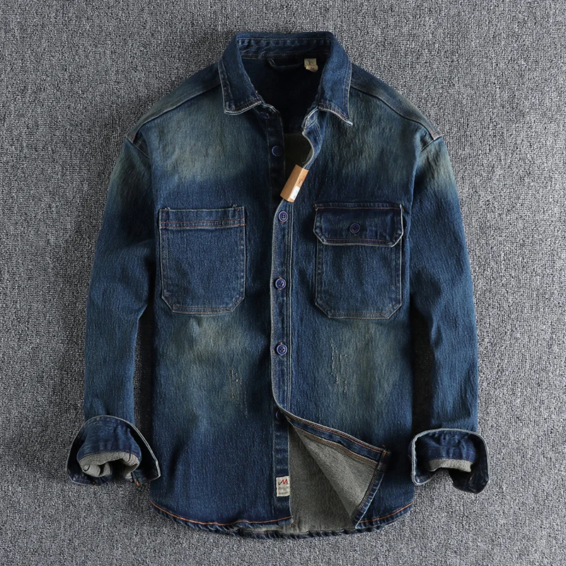 Autumn American Retro Heavyweight Denim Cargo Shirt Men's Fashion Pure Cotton Washed Old Long Sleeve Double Pocket Casual Tops