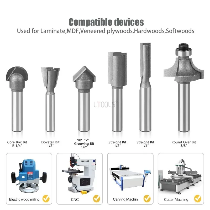 Shank Router Bits Set para Carpintaria, Multi Tipo, Fresa, Carpintaria, Liga Broca Kit, Máquina de corte, Peças de bits, 6.35mm, 6Pcs