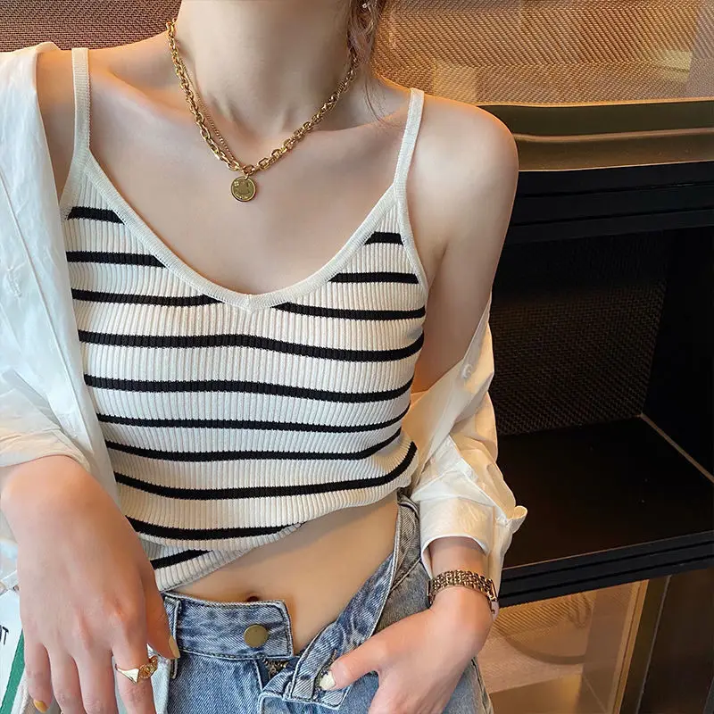 

Ice silk camisole women's inner suit bottom spring and summer new striped knitted v-neck outer sleeveless top