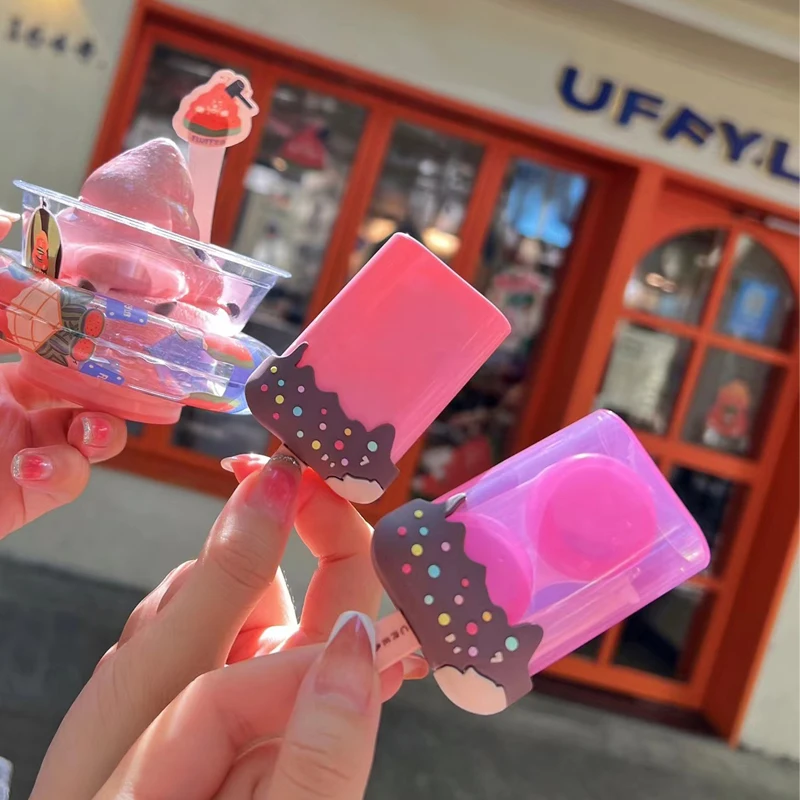 Cute Ice Cream Popsicle Contact Lens Companion Box Colored Lenses Container Box for Party Travel Set Clip Tweezers
