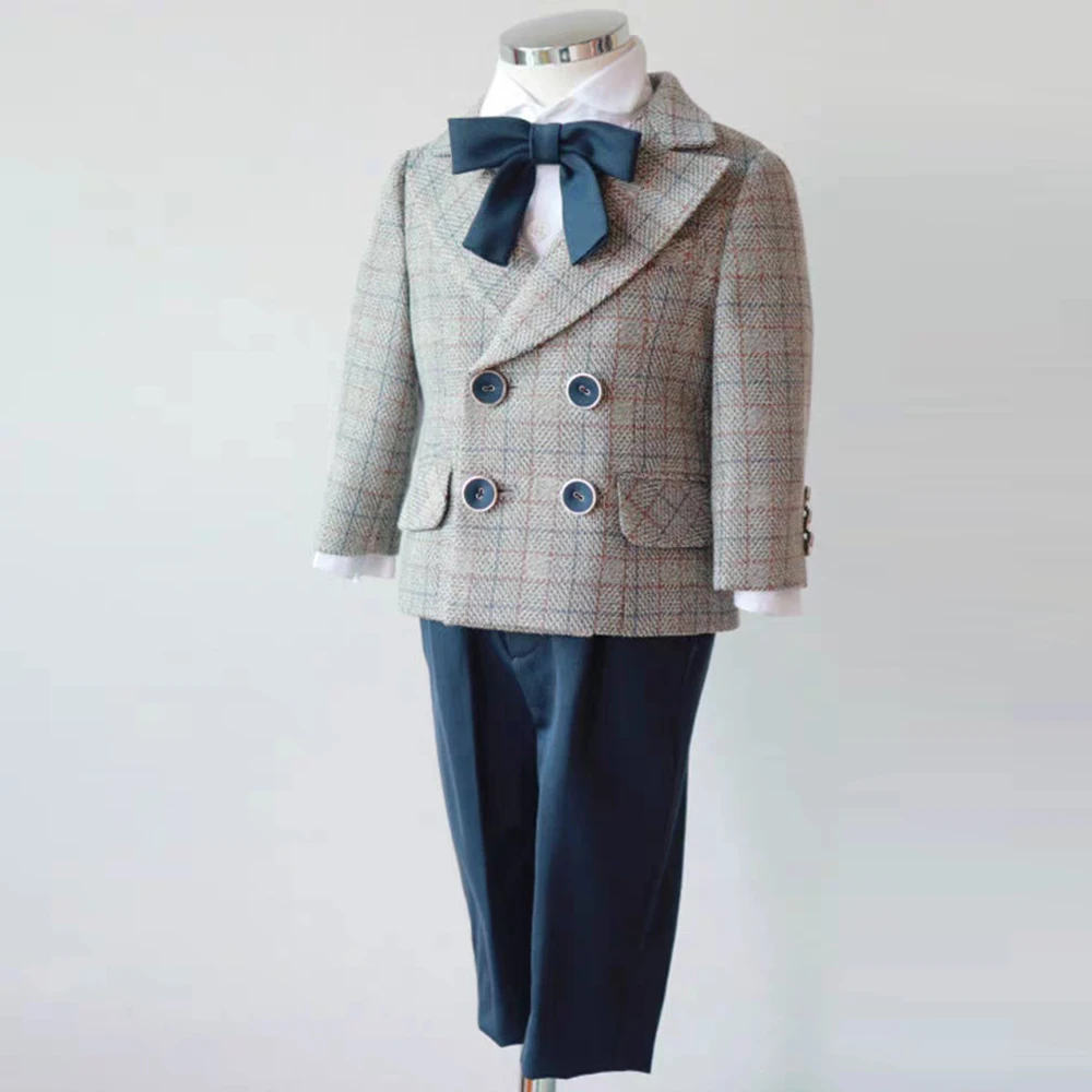 

1-6Y Children Formal Plaid Suit Set Boys Wedding Birthday Party Performance Photography Costume Kids Blazer Pants Bowtie Clothes
