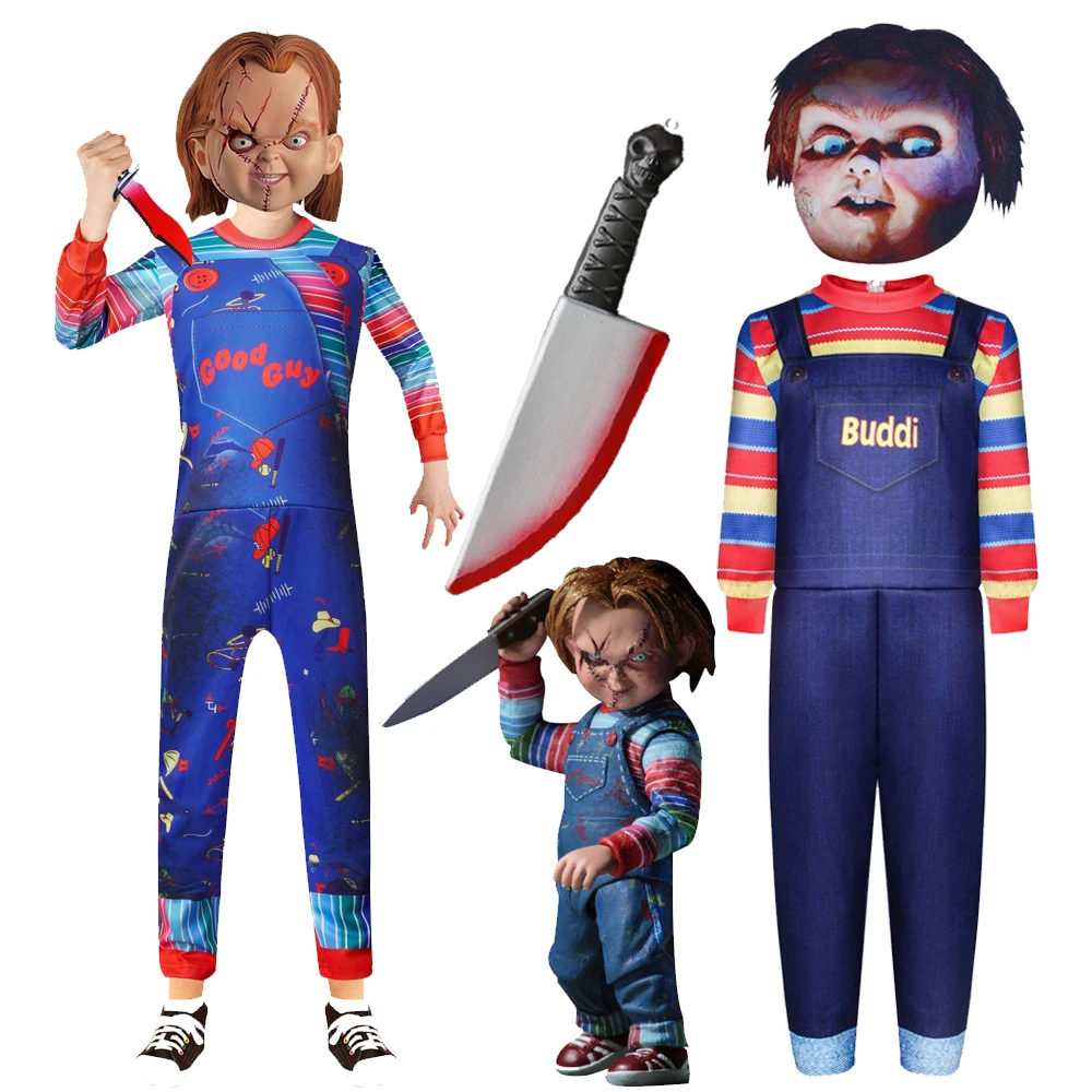 Costume Chucky Per Bambino SINSEN – Tuta Con Maschera E Coltello Finto, Per Halloween E Feste, 3-10 Anni