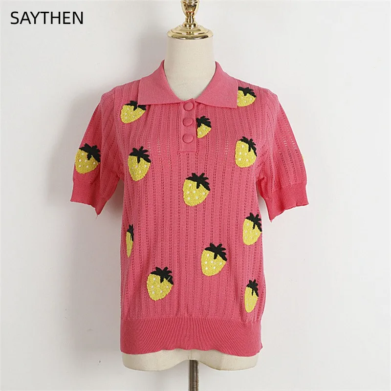 

SAYTHEN Women's Summer 2023 Polo Neck Short Sleeve Knit Pullover Academy Style Strawberry Fruit Diamond Buckle Loose Pink Top