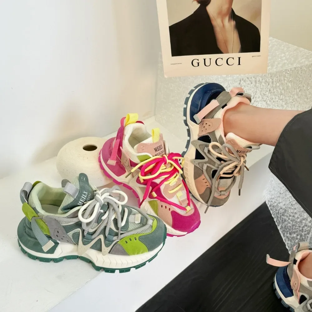 New Spring Adult Colored Tire Tank Casual Shoes Unisex Ugly Cute Thick Sole Mesh Shoes Women Autumn Non-Slip Sports Shoes 2024