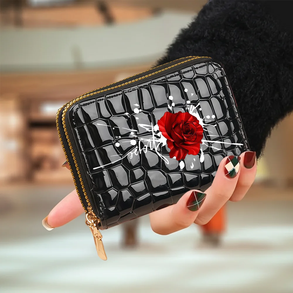 ZeAiLi Totenkopf Schwarze Rose Katzen-Kartenbörse Sichere Doppel-Reißverschluss-Clutch PU-Leder Geldbörse mit Kartenfächern Cartoon Aufbewahrungskartentasche – Detail 16