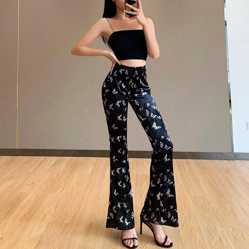 Harajuku Punk Streetwear Velvet Pants 2024 Women Vintage Elegant Gothic Black Butterfly Print Pant Fitness High Waist Trouser