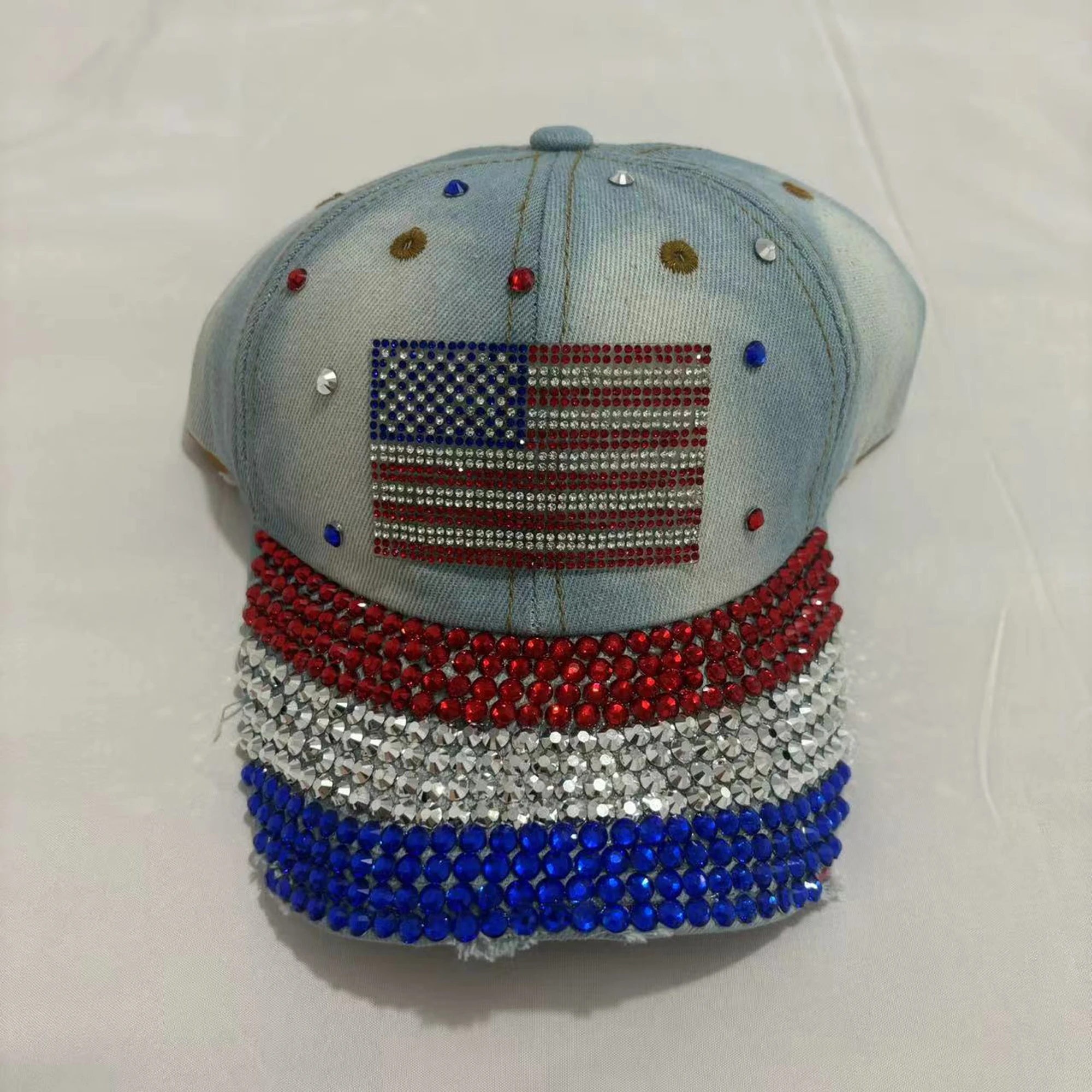 American Flag Embroidered Patriotic Baseball Cap for Women with Rhinestone Detail and Sun Protection