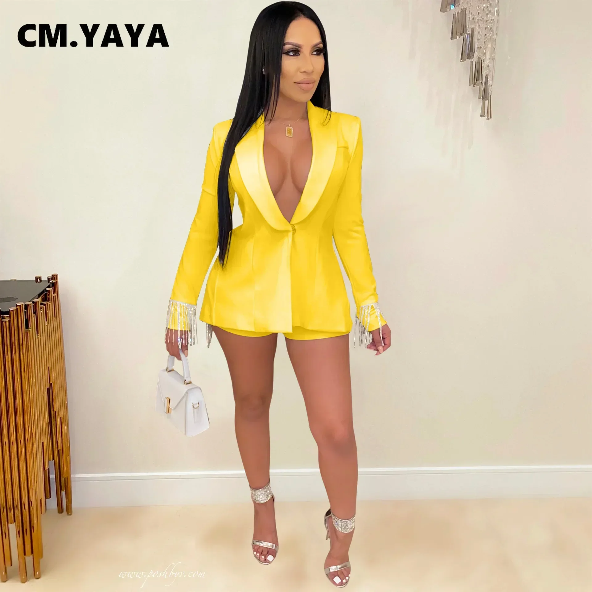 Sequin Shorts Women's Two-Piece Suit Set Plain Trouser Suit Long